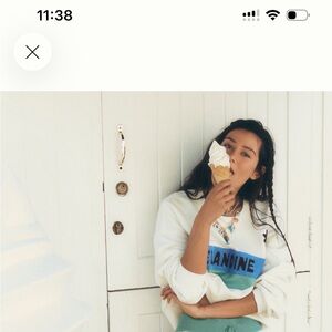 Anthropologie Cream Crewneck Sweater with Blue and Teal Stripe